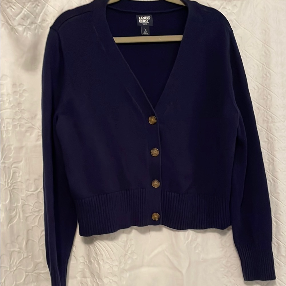 Lands' End Women's Navy Cardigan Sweater